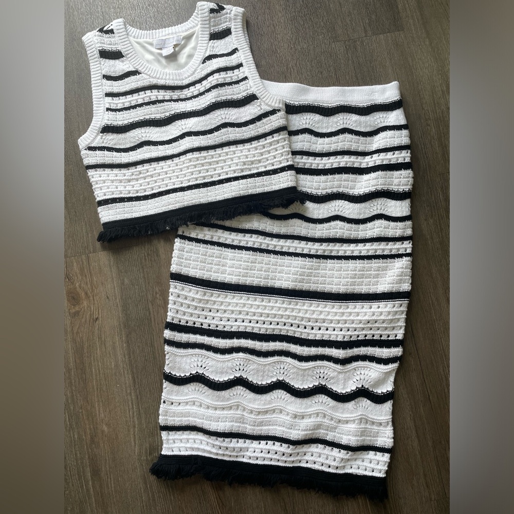 House Of Harlow 1960 2 Piece Knit Skirt Set Size M Top Fringe Career Capsule NEW - Picture 2 of 14